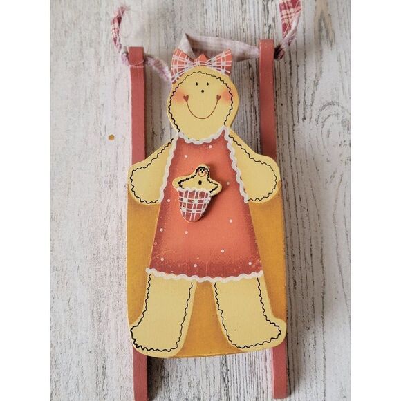 Wooden Gingerbread Girl sled ornament Xmas Decor heart - Picture 2 of 5